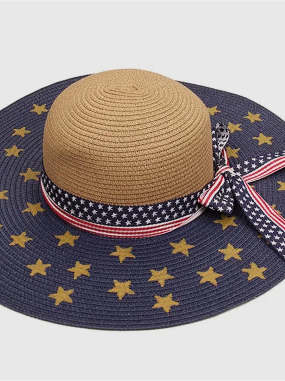 Wide Brim Straw Sun Hat with Navy Star Detail